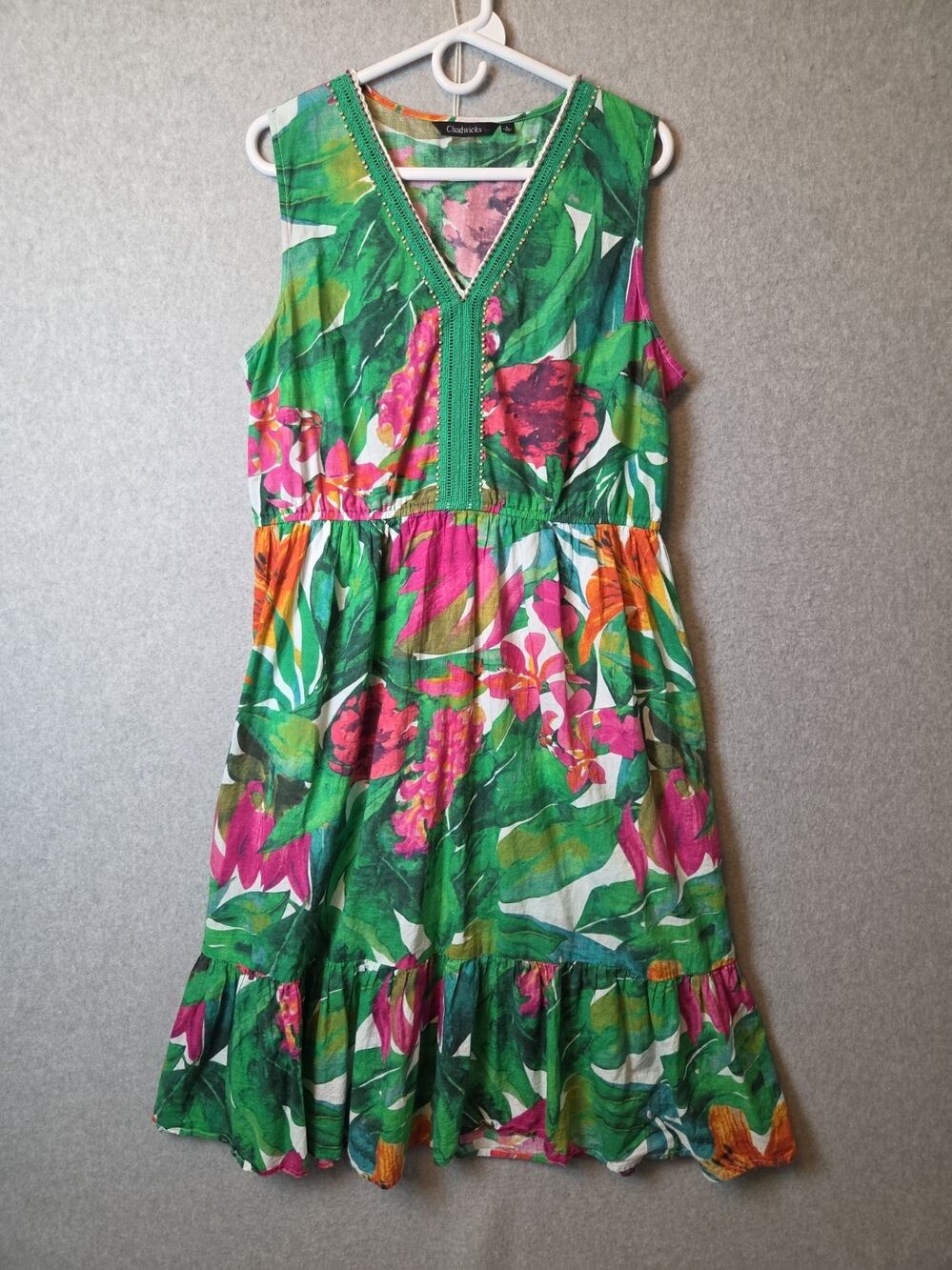 Chadwicks Cotton Green Floral Sleeveless V Neck Midi Sundress Women's Lrg Lined